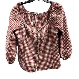MADEWELL cotton gingham check orange gray milkmaid square neck cottagecore sz S